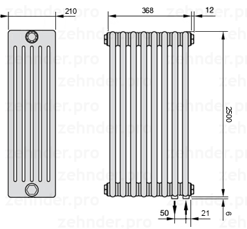 Схема (чертеж) Радиатор Zehnder Charleston 6250/8 №5510 Белый глянцевый RAL 9016